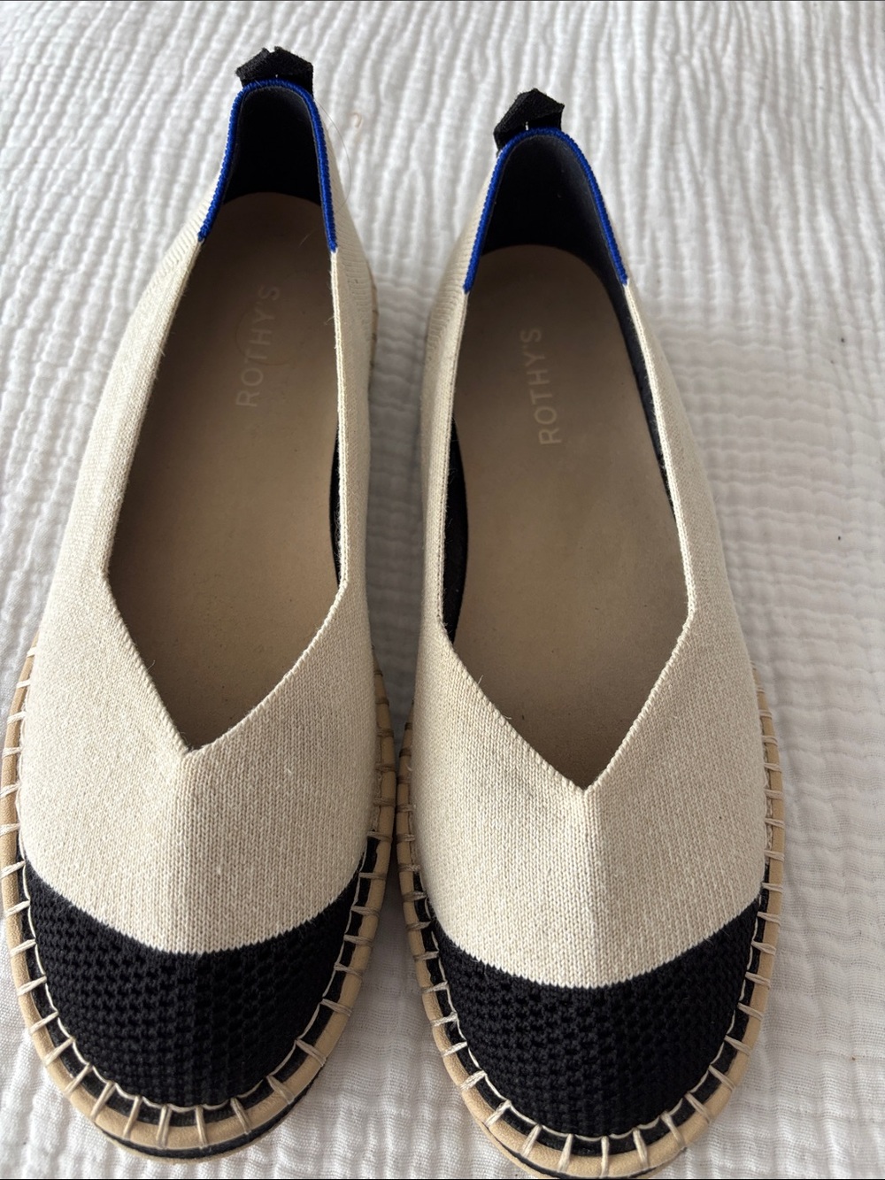 Rothy's Two-Tone Espadrille Slip-On in Cream and Black with Blue Heel Trim 10.5